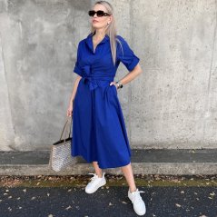 Královsky modré dlouhé trendy košilové šaty s vázáním CELESTE