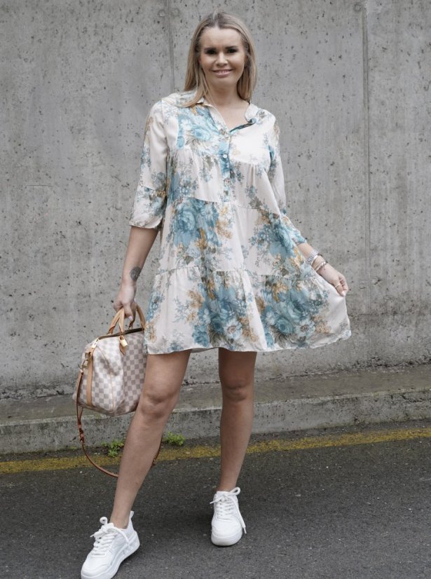 Krémové boho šaty s tyrkysovými květy BOHO BLOOM