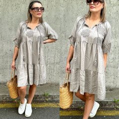Mokka hnědé boho šaty s vyšívanými květy FRILANA