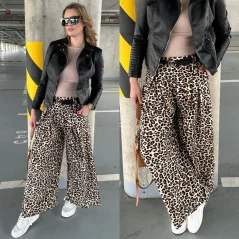 Krémové široké kalhoty s hnědým vzorem a páskem GINNO LEOPARD
