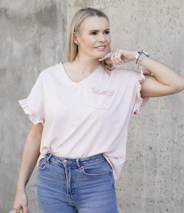 Pudrově růžové bavlněné tričko POCKET FRILL