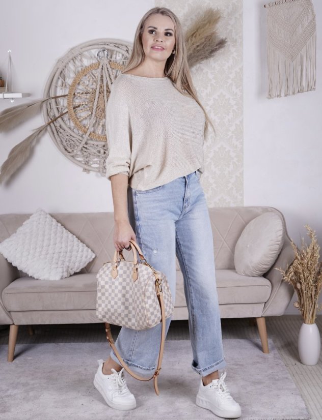 Béžový svetřík netopýřího střihu s mašlí na zádech BELLA BOW