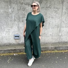 Smaragdově zelená elegantní souprava asymetrická halena a široké kalhoty AFRODITE