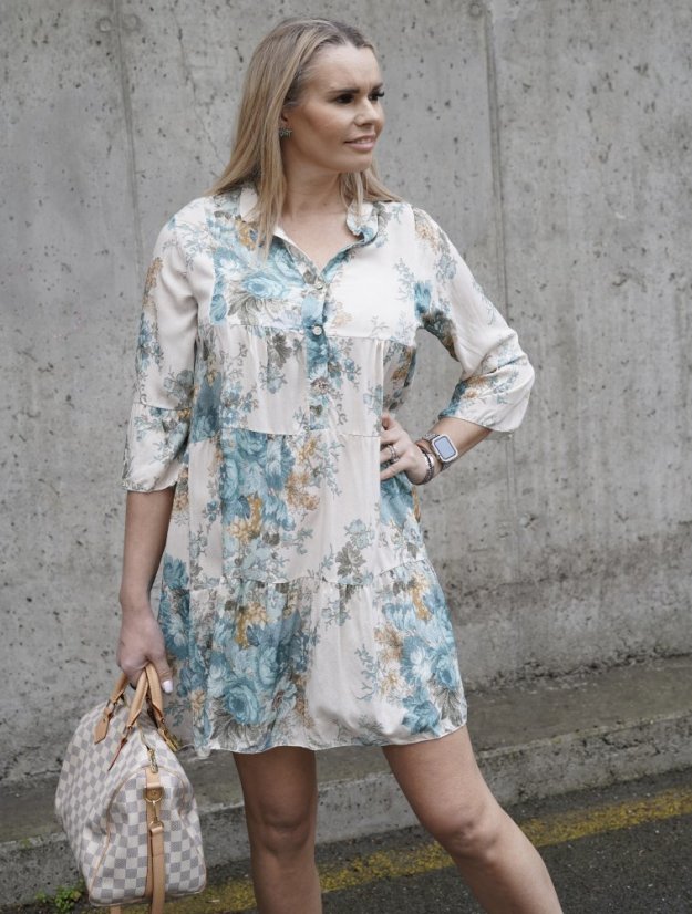 Krémové boho šaty s tyrkysovými květy BOHO BLOOM