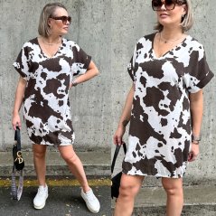 Bílé lněné šaty s tmavě hnědým vzorem COW