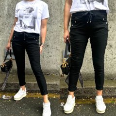 Černé elastické mačkané kalhoty zdobené knoflíky BOTTOM