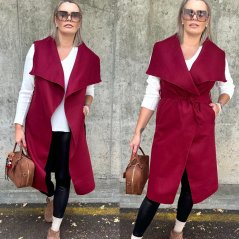 Burgundy červená  dlouhá flaušová vesta s velkým límcem MOULEN