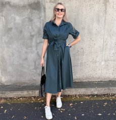 Smaragdově zelené dlouhé trendy košilové šaty s vázáním CELESTE