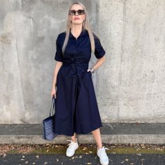 Tmavě modré dlouhé trendy košilové šaty s vázáním CELESTE