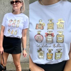 Bílé bavlněné tričko s potiskem PARFUMS