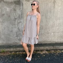 Bílé šaty na ramínka s jemnou mokka hnědou kostičkou PICNIC