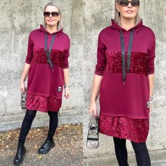 Burgundy červené kombinované šaty z máslového materiálu a flitry  GLAM HOODIE