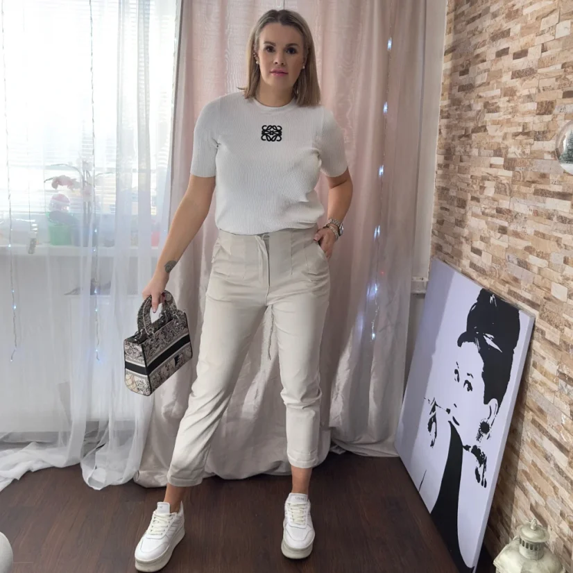 Béžové elastické trendy kalhoty CHIC