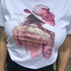 Bílé bavlněné tričko s růžovým potiskem COWGIRL