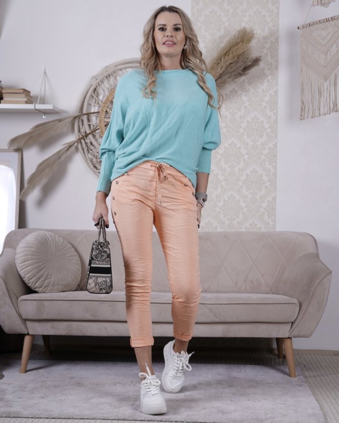 Lososové elastické mačkané kalhoty zdobené knoflíky BOTTOM