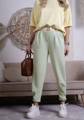 Mintově zelené kalhoty z máslového materiálu s hnědým páskem ELSA