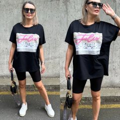Černé dlouhé oversize tričko s kamínky JOLIE