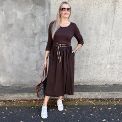 Čokoládově hnědé dlouhé kombinované šaty s páskem EVELYN
