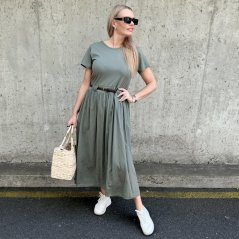 Khaki dlouhé kombinované šaty s páskem ESSENCES