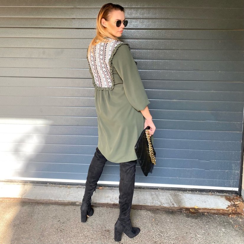 Khaki boho šaty se vzorovanou vsadkou CHARRONE