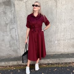 Burgundy červené dlouhé trendy košilové šaty s vázáním CELESTE