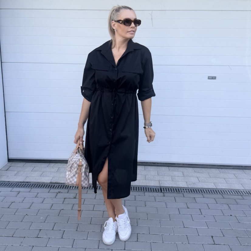 Černé dlouhé košilové šaty se stažením v pase VILLE