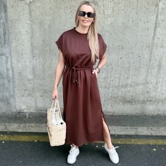 Čokoládově hnědé dlouhé basic maxi šaty s pleteným páskem SOLEA