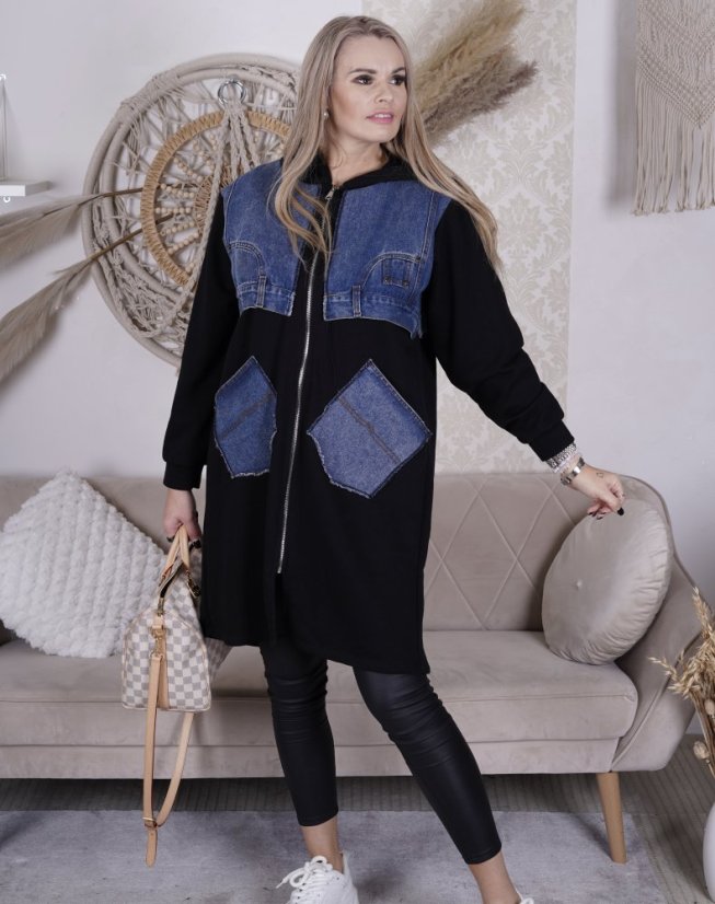 Černá dlouhá kombinovaná mikinová bunda DENIM STREET REBEL