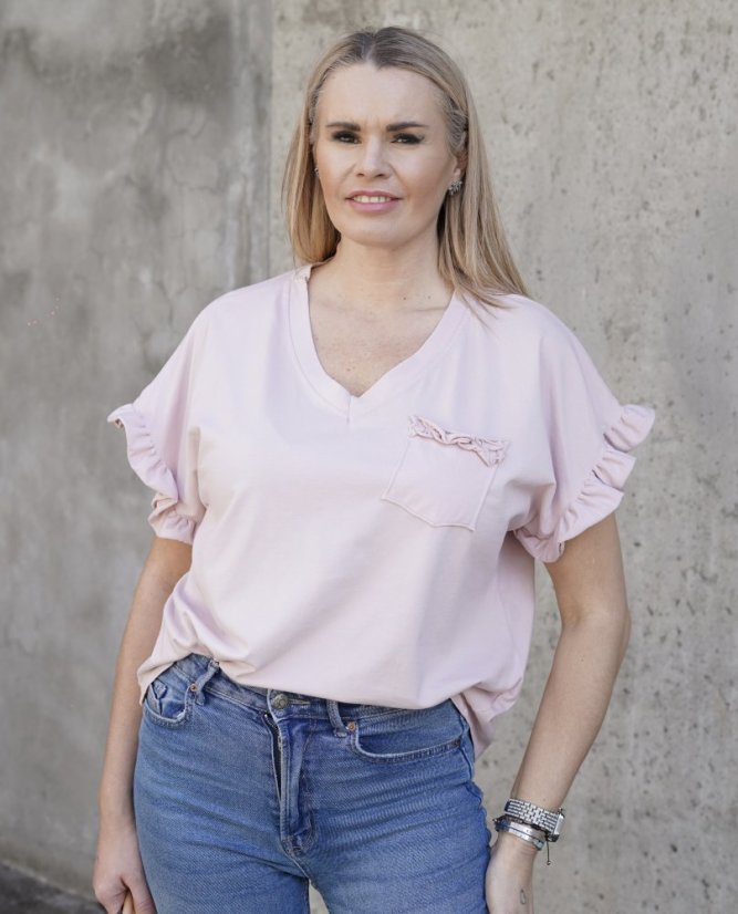 Pudrově růžové bavlněné tričko POCKET FRILL