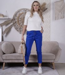 Královsky modré elastické mačkané kalhoty zdobené knoflíky BOTTOM