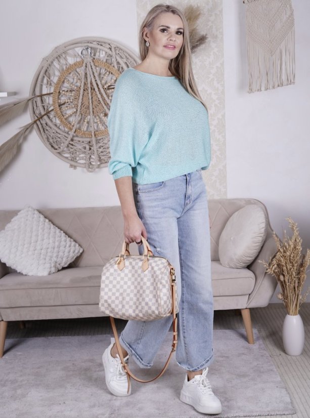 Mintový svetřík netopýřího střihu s mašlí na zádech BELLA BOW