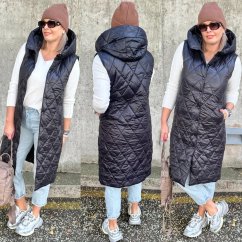 Černá dlouhá stylová prošívaná vesta s kapucí EMMA