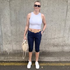 Tmavě modré 3/4 elastické mačkané kalhoty s páskem CAPRI FLEX