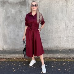 Burgundy červené dlouhé trendy košilové šaty s vázáním CELESTE