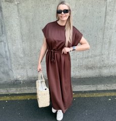 Čokoládově hnědé dlouhé basic maxi šaty s pleteným páskem SOLEA