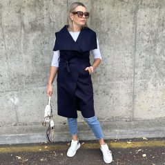 Tmavě modrá dlouhá flaušová vesta s velkým límcem MOULEN