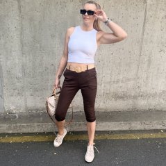 Čokoládově hnědé 3/4 elastické mačkané kalhoty s páskem CAPRI FLEX