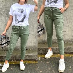 Khaki elastické mačkané kalhoty zdobené knoflíky BOTTOM