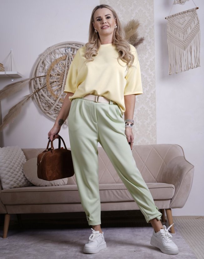 Mintově zelené kalhoty z máslového materiálu s béžovým páskem ELSA