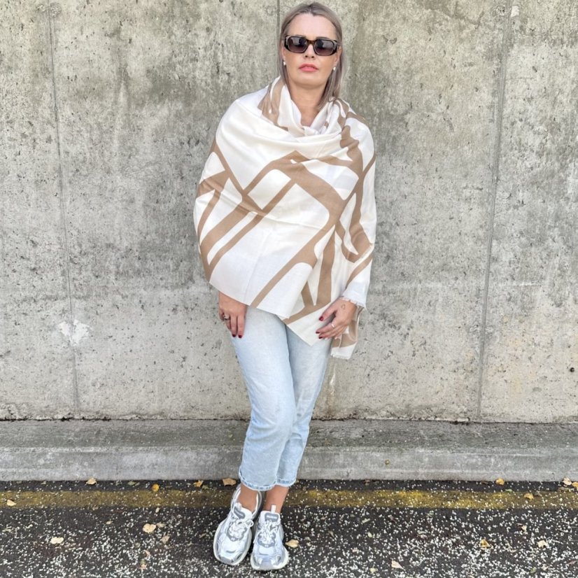 Bílo - béžová maxi šála GEOMETRIC STYLE
