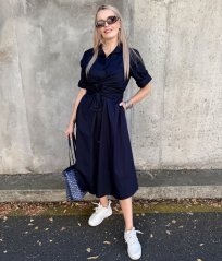 Tmavě modré dlouhé trendy košilové šaty s vázáním CELESTE