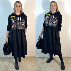 Černé dlouhé kombinované mikinové šaty FLY TOUCH