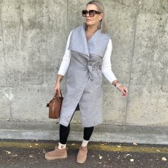 Šedá dlouhá flaušová vesta s velkým límcem MOULEN