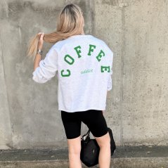 Světle šedá prémiová mikina se zeleným nápisem COFFEE