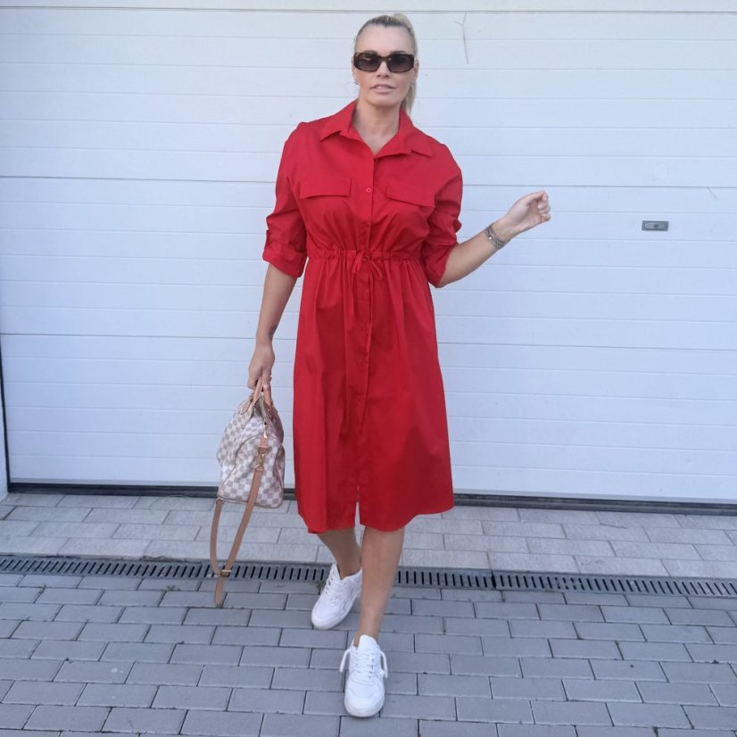 Červené dlouhé košilové šaty se stažením v pase VILLE
