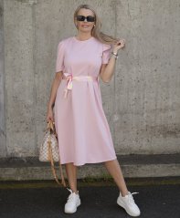 Světle růžové midi šaty z máslového materiálu s páskem PURE LINE