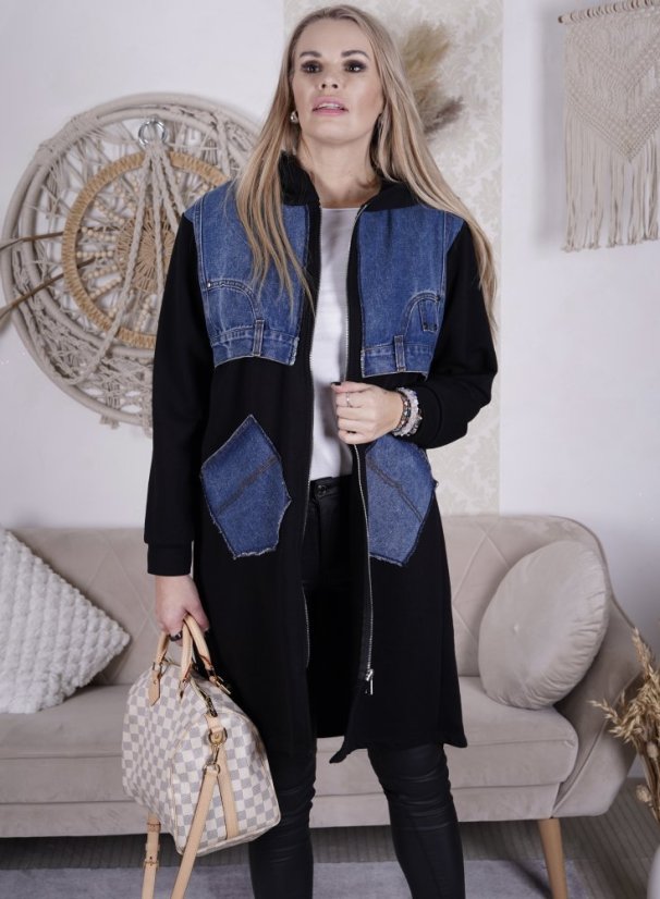 Černá dlouhá kombinovaná mikinová bunda DENIM STREET REBEL
