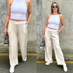 Světle béžové široké lesklé kalhoty FEMME