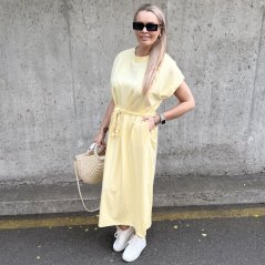 Světle žluté dlouhé basic maxi šaty s pleteným páskem SOLEA