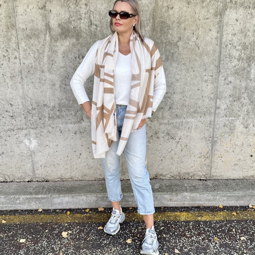 Bílo - béžová maxi šála GEOMETRIC STYLE